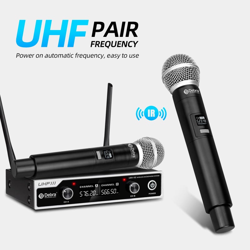 D Debra Wireless Microphone System UHF UBR-102 with Cordless Handheld Lavalier Headset Mics, 260ft Range, Suitable for Church, Lectures, Karaoke, Weddings, DJ, and Bars(2 Handheld) - Image 3
