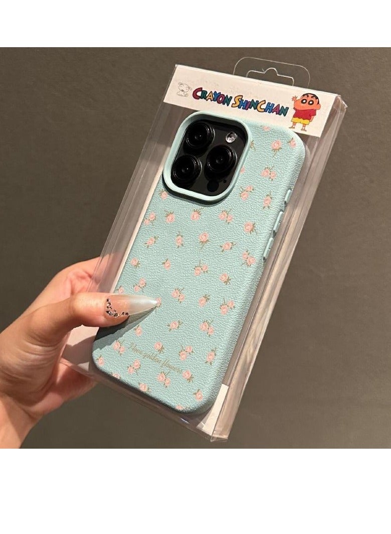 NIBEMINENT Small Floral Leather Grain Protective TPU Case Cover For iPhone 15 Pro Max, Blue