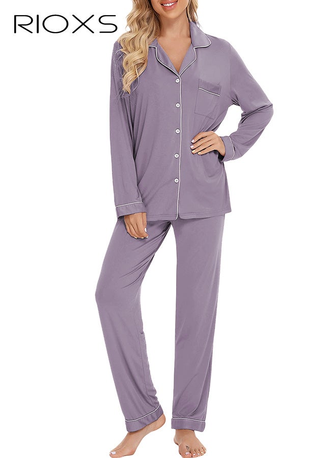 RIOXS Women's Purple Pajama Set, Collared Sleepwear 2-Piece Outfit, Long Sleeve Button-Down Pajamas with Pockets, Soft Loungewear Set with White Piping and Drawstring Waist, Cozy Nightwear for Women - Image 4