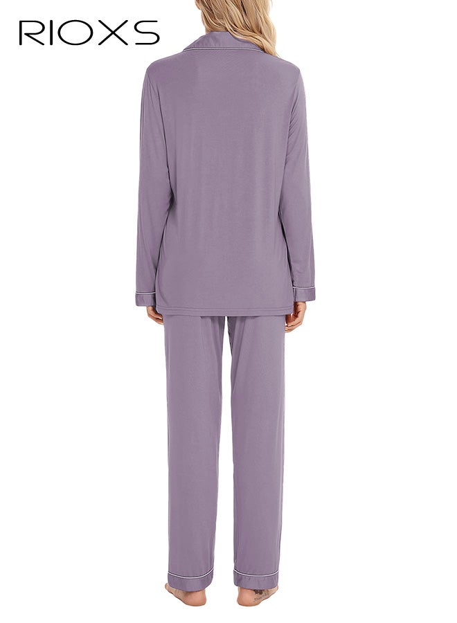 RIOXS Women's Purple Pajama Set, Collared Sleepwear 2-Piece Outfit, Long Sleeve Button-Down Pajamas with Pockets, Soft Loungewear Set with White Piping and Drawstring Waist, Cozy Nightwear for Women - Image 3
