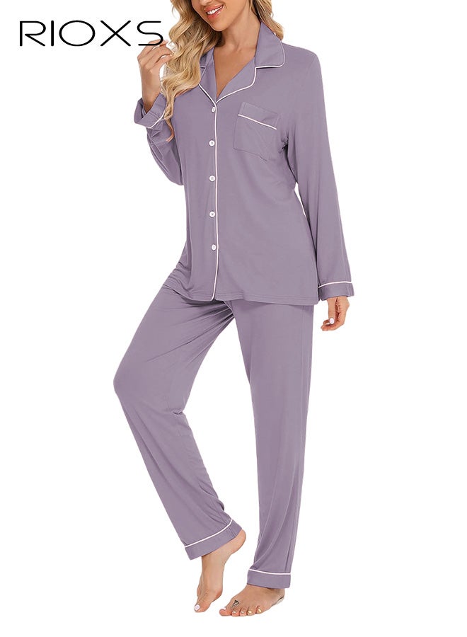 RIOXS Women's Purple Pajama Set, Collared Sleepwear 2-Piece Outfit, Long Sleeve Button-Down Pajamas with Pockets, Soft Loungewear Set with White Piping and Drawstring Waist, Cozy Nightwear for Women - Image 2