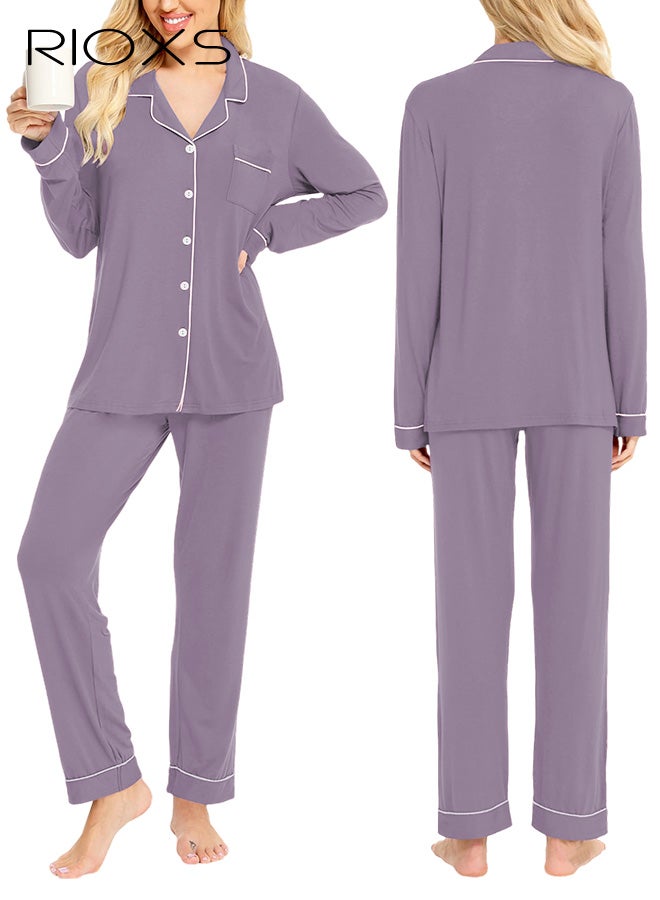 RIOXS Women's Purple Pajama Set, Collared Sleepwear 2-Piece Outfit, Long Sleeve Button-Down Pajamas with Pockets, Soft Loungewear Set with White Piping and Drawstring Waist, Cozy Nightwear for Women - Image 5