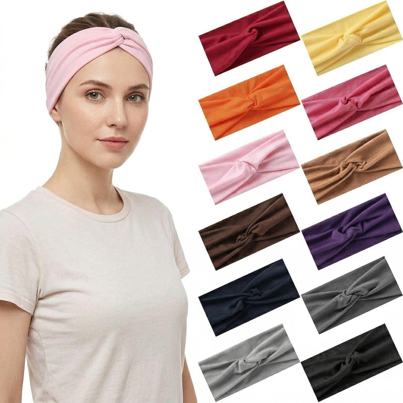 Luuao 12-Pack Stretchy Headbands for Women, Absorbent Sport Headbands with Soft Twist Knot Design, Non-Slip Yoga Workout Headbands for Daily Use, Sweat-Wicking Comfortable Hair Bands(12 Color2) - Image 1