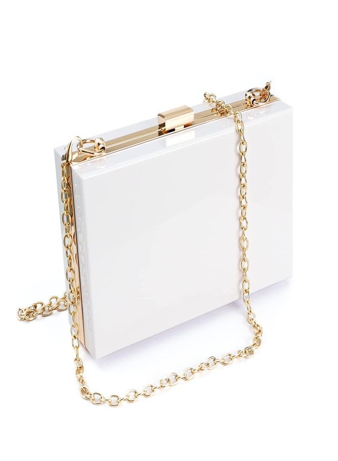 WJCD Women Clear Purse Acrylic Box Clutch Handbag, Small Transparent Crossbody Evening Bag Stadium Approved Gold Chain Strap, White - Image 1