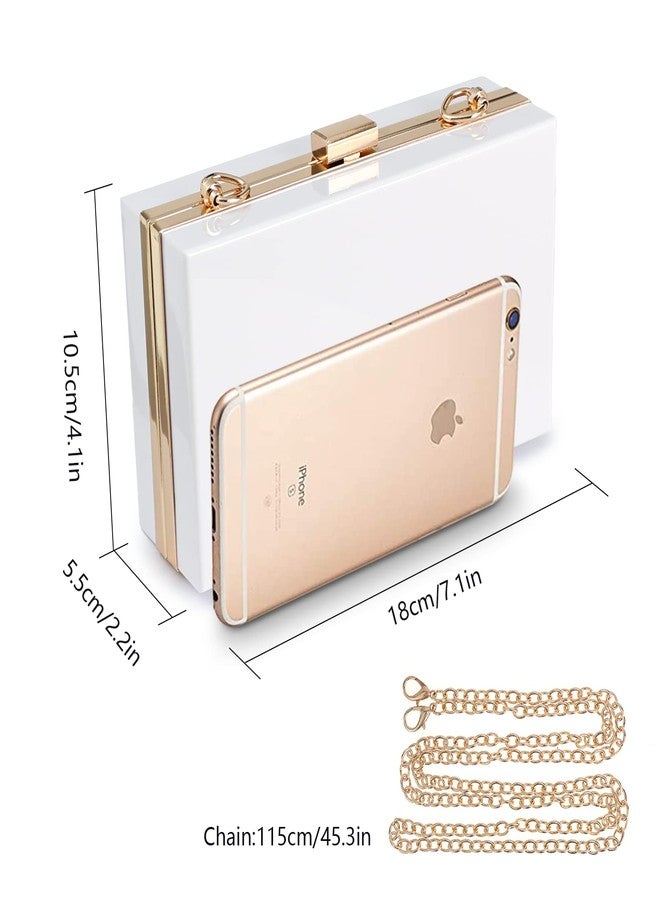 WJCD Women Clear Purse Acrylic Box Clutch Handbag, Small Transparent Crossbody Evening Bag Stadium Approved Gold Chain Strap, White - Image 2