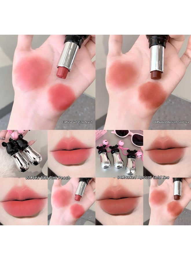 Gege Bear Cute Mist Crayon Lipstick | Soft-Fog Matte Finish | Collectible Bear-Head Cap with Pink Keychain Charm | Shades Including Light Pink, Nude & Brown | Moisturizing Lip with Lip Care Formula | Long-Lasting Lipstick for Women & Girls (04# Naked Apricot, 3.5g) - Image 4