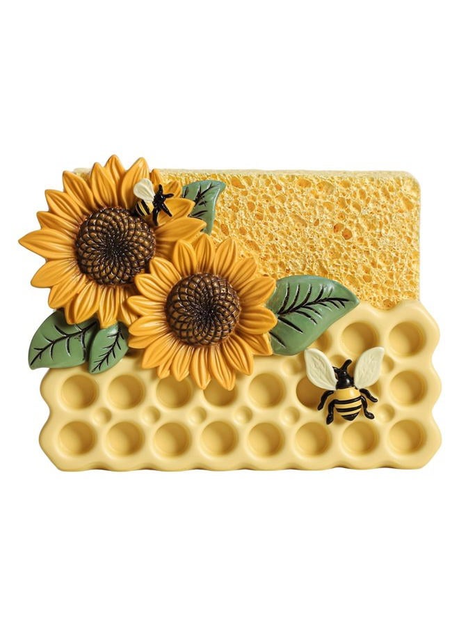 Bicuzat Resin Sunflower Bee and Honeycomb Sponge Holder for Kitchen Sink, Compact Sink Caddy Organizer, Dish Sponge Holder - Image 1