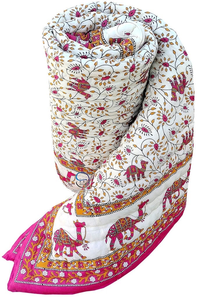 LUSH HAVEN DECOR RAJASTHANI TRADITIONAL COTTON AND MICROFIBER JAIPURI PINK CAMEL ANIMAL PRINT WITH FLORAL DESIGN SINGLE BED REVERSIBLE AC BLANKET 55 X 85 INCH