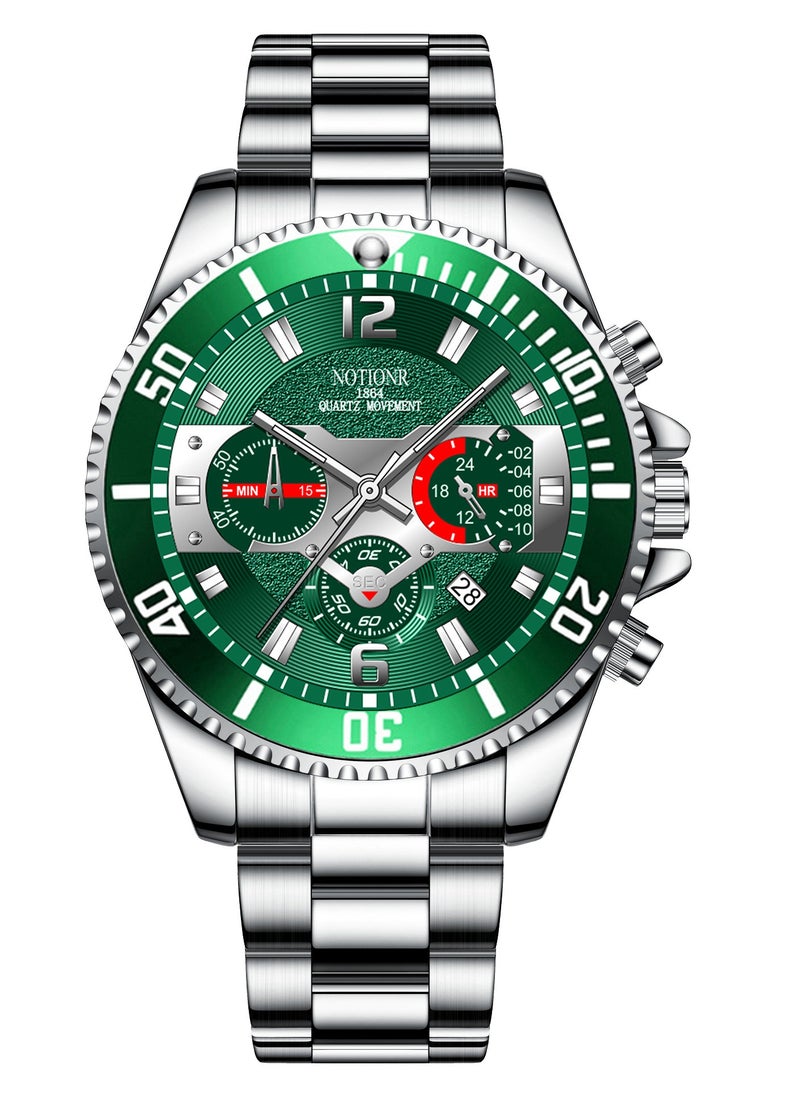 NOTIONR Men's Stainless Steel ,Big Face  Easy to Read Analog Quartz Watch, Luxury Waterproof Date  Arabic Numerals Dial,Single Rotating Bezel  - Image 1