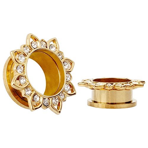 KUBOOZ Jewelry Gold Plated Flower Stainless Steel Crystal Gems Screw Back Ear Plugs Gauges Sold in Pairs 8mm - Image 1