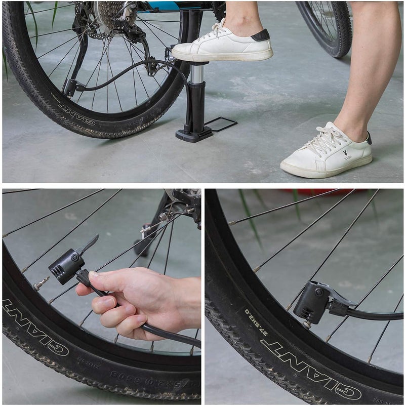 QUPET Mini Portable Bike, Bicycle Tire Hand Foot Activated Floor Pump(Black) with Presta Schrader Dunlop Valves Extra Valve and Gas Needle - Image 4