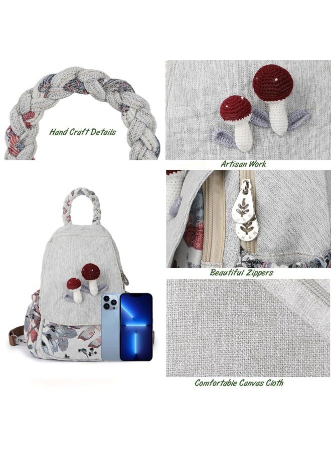Auluda Girl's Convertible Sling Bag, Hand Craft Artisan Backpack, Beautiful Canvas Premium Casual Day Pack for Women (Mushroom) - Image 2