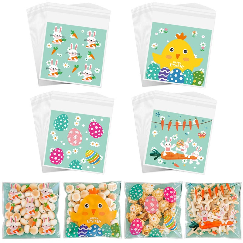 ZYLOP 100 Pcs Easter Cookie Bags - 4" x 4" Self-Sealing Easter Cellophane Treat Bags, 4 Adorable Designs Small Clear Plastic Candy Bags for Spring Party Favors, Mini Goodie Bags for Egg Fillers & Snacks - Image 1