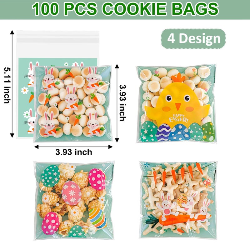 ZYLOP 100 Pcs Easter Cookie Bags - 4" x 4" Self-Sealing Easter Cellophane Treat Bags, 4 Adorable Designs Small Clear Plastic Candy Bags for Spring Party Favors, Mini Goodie Bags for Egg Fillers & Snacks - Image 2