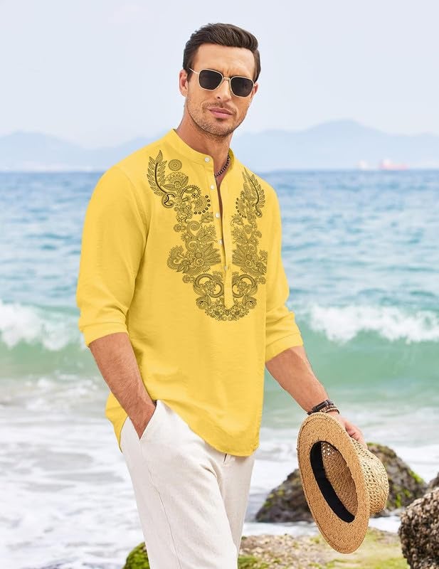FINIVO FASHION Men’s Cotton Blend Short Kurta with Full Sleeves and Ethnic Neck Design | Casual Crinkle Texture Kurta with Mandarin Collar Yellow - Image 2