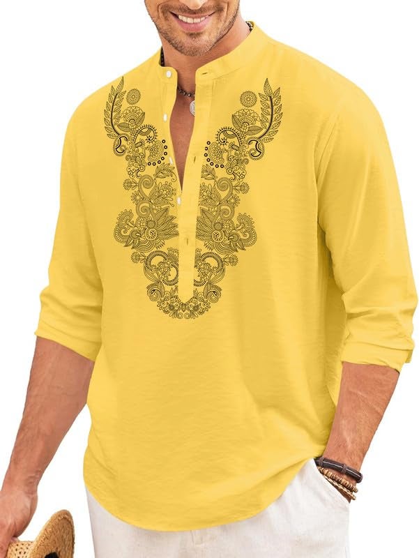 FINIVO FASHION Men’s Cotton Blend Short Kurta with Full Sleeves and Ethnic Neck Design | Casual Crinkle Texture Kurta with Mandarin Collar Yellow - Image 1