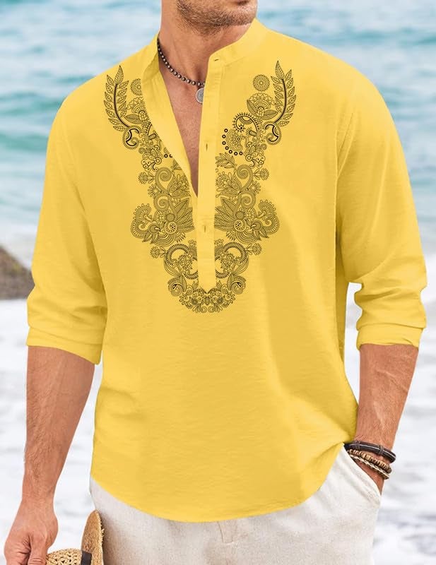FINIVO FASHION Men’s Cotton Blend Short Kurta with Full Sleeves and Ethnic Neck Design | Casual Crinkle Texture Kurta with Mandarin Collar Yellow - Image 4