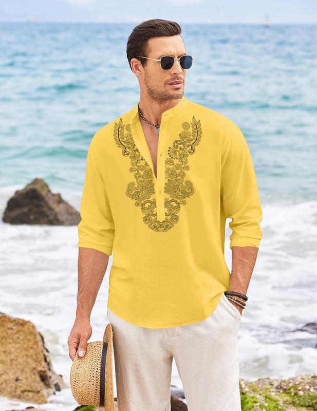 FINIVO FASHION Men’s Cotton Blend Short Kurta with Full Sleeves and Ethnic Neck Design | Casual Crinkle Texture Kurta with Mandarin Collar Yellow - Image 3