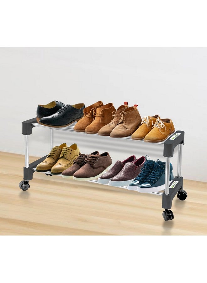 JD FRESH Shoe Rack/Silper Stand/Stainless Steel Shoe Stand with Wheel/Movable Shoe Rack for Home/Multi-Purpose Footwear Rack/Books/Newspaper/Plants - 2 Tier (Silver and Black) - Image 1