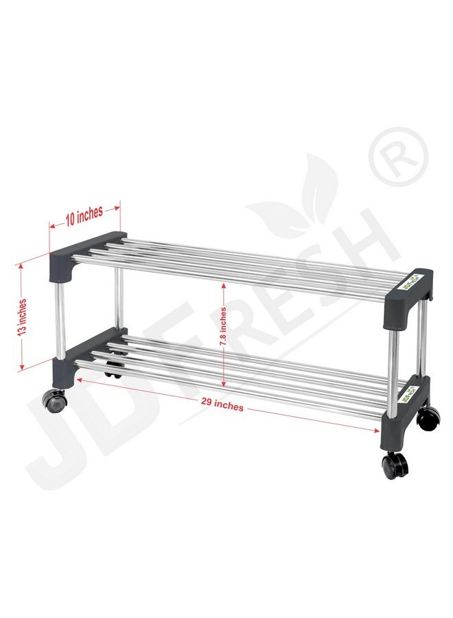 JD FRESH Shoe Rack/Silper Stand/Stainless Steel Shoe Stand with Wheel/Movable Shoe Rack for Home/Multi-Purpose Footwear Rack/Books/Newspaper/Plants - 2 Tier (Silver and Black) - Image 2