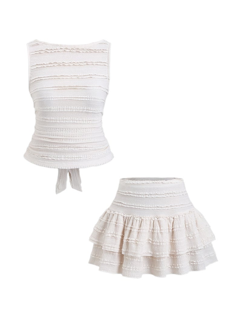 Women's Fashion Solid Color Pleated Sleeveless Top And Mini Skirt 2pcs Set - Image 1