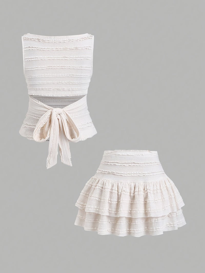Women's Fashion Solid Color Pleated Sleeveless Top And Mini Skirt 2pcs Set - Image 2