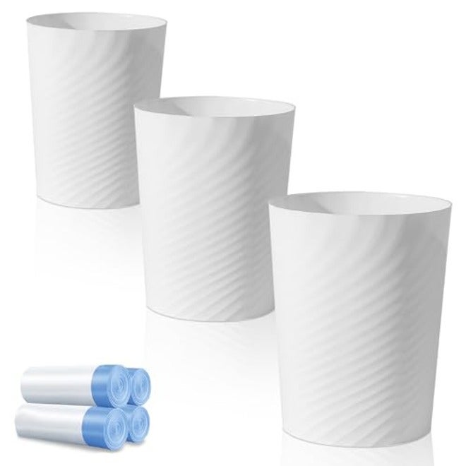 UUJOLY Small Bathroom Trash Can with Bags, 3 Pack, White, 1.8 Gallon, Plastic Wastebasket for Office, Laundry Room, Kitchen, Bedroom