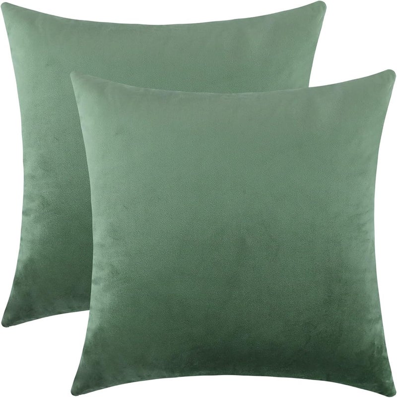 mixeoo Comfy Sage Green Throw Pillow Covers Decorative Square Solid Thick Velvet Super Soft Cushion Cases Home Decor for Sofa Couch Living Room Chair, Set of 2, 18 x 18 Inch - Image 1