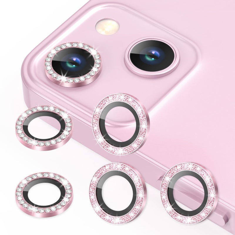 AGVEE 3+3 6 Pack for iPhone 13 6.1" / 13 Mini 5.4" Camera Lens Protector, Bling Diamond & Bling Glitter Metal Ring 9H Tempered HD Glass Camera Cover Film, Bling-Pink - Image 1