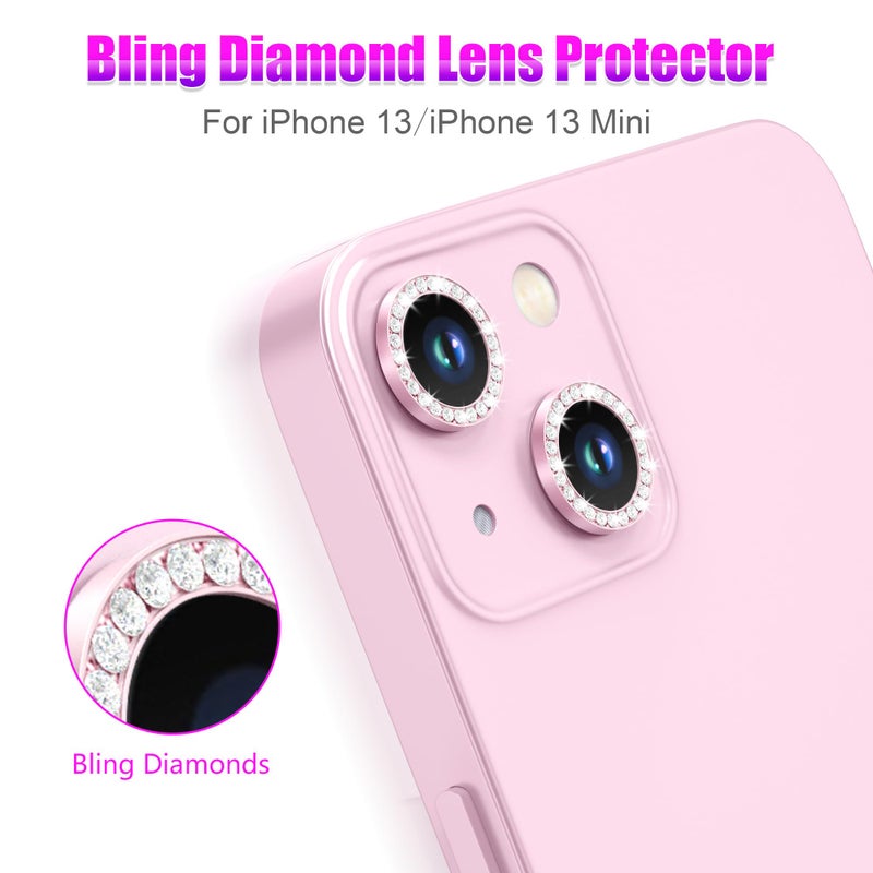 AGVEE 3+3 6 Pack for iPhone 13 6.1" / 13 Mini 5.4" Camera Lens Protector, Bling Diamond & Bling Glitter Metal Ring 9H Tempered HD Glass Camera Cover Film, Bling-Pink - Image 4