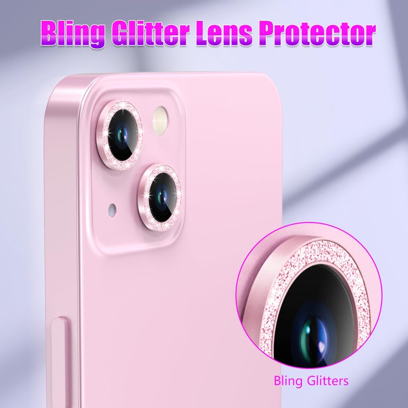 AGVEE 3+3 6 Pack for iPhone 13 6.1" / 13 Mini 5.4" Camera Lens Protector, Bling Diamond & Bling Glitter Metal Ring 9H Tempered HD Glass Camera Cover Film, Bling-Pink - Image 5