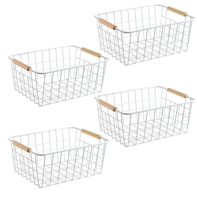 KITCHEN WIRE BASKETS FARMHOUSE DECOR METAL FOOD STORAGE ORGANIZERHOUSEHOLD REFRIGERATOR BIN WITH BUILTIN HANDLES FOR CABINETS PANTRYBATHROOM 4 PACKS WHITE