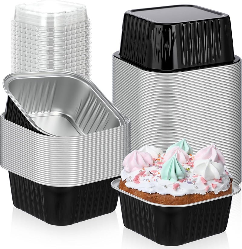 Skylety 100 Pcs 5 oz Mini Square Baking Pan with Lid Aluminum Foil Cupcake Pan Brownie Baking Cup Disposable Ramekins Individual Tin Dessert Containers for Kitchen (Black) - Image 1