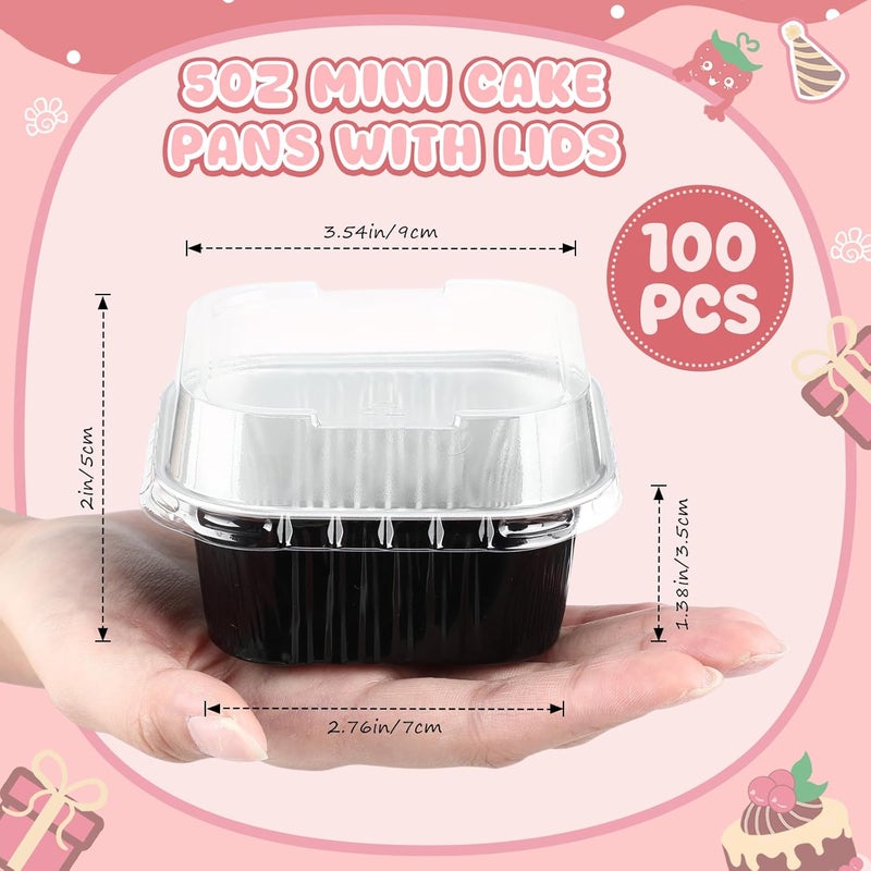 Skylety 100 Pcs 5 oz Mini Square Baking Pan with Lid Aluminum Foil Cupcake Pan Brownie Baking Cup Disposable Ramekins Individual Tin Dessert Containers for Kitchen (Black) - Image 2