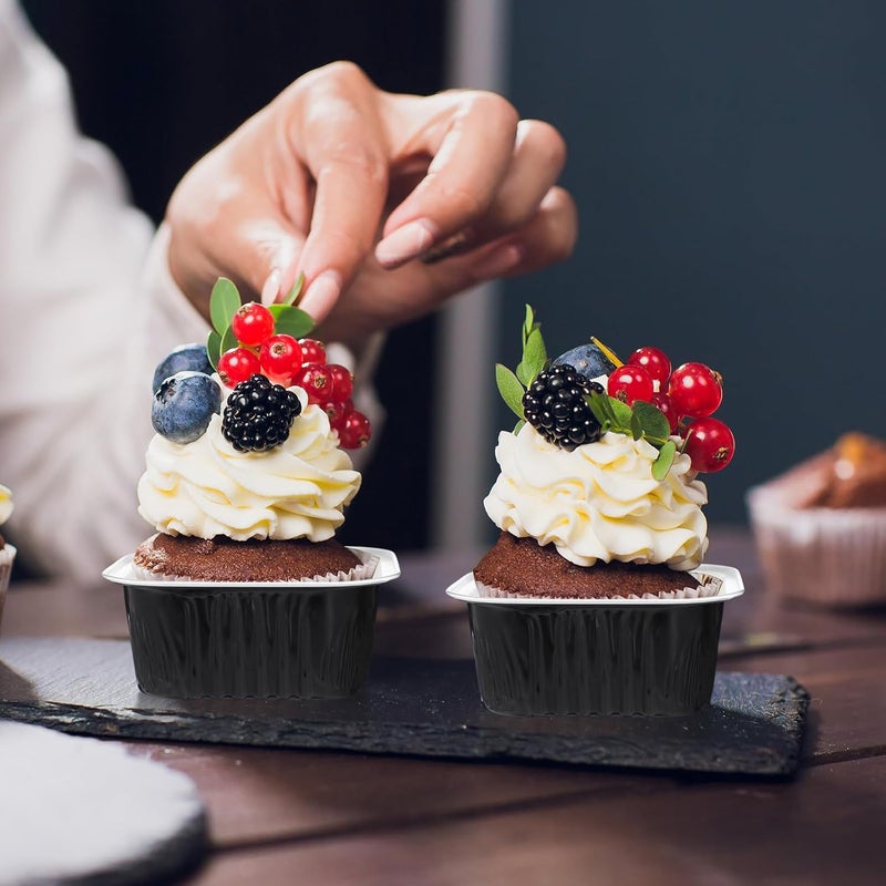 Skylety 100 Pcs 5 oz Mini Square Baking Pan with Lid Aluminum Foil Cupcake Pan Brownie Baking Cup Disposable Ramekins Individual Tin Dessert Containers for Kitchen (Black) - Image 3