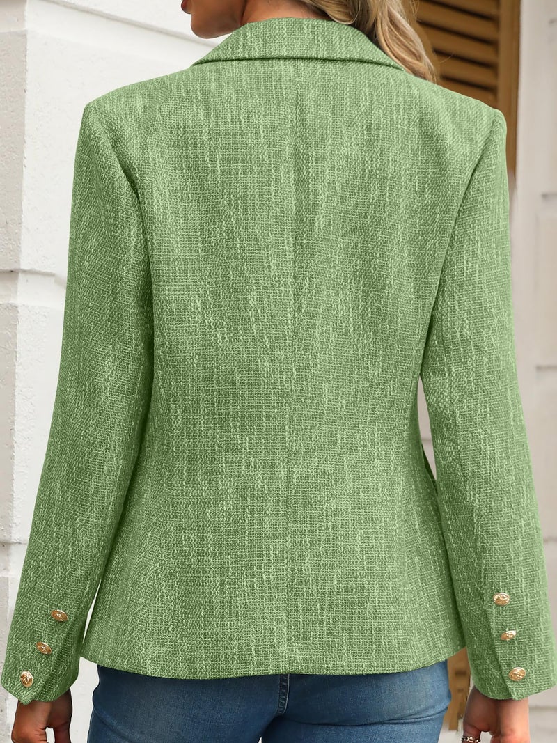 ELLEVEN Womens Tweed Blazers Business Casual Long Sleeve Double Breasted Bottons Jackets Work Suit Slim Fit Dressy Elegant Pockets Plaid Blazer Padded Shoulder Spring Fall Winter Grass Green Large - Image 2