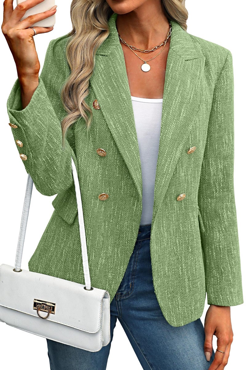 ELLEVEN Womens Tweed Blazers Business Casual Long Sleeve Double Breasted Bottons Jackets Work Suit Slim Fit Dressy Elegant Pockets Plaid Blazer Padded Shoulder Spring Fall Winter Grass Green Large - Image 1