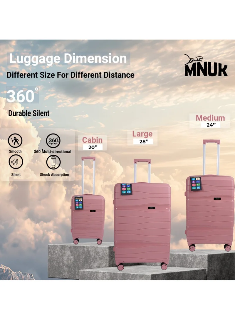 MNUK Viajero Set of 2 Luggage | PP Material Hard-side Smooth and comfortable Luggage Trolley with TSA Lock | Double 360° 4 Wheeler| Cabin, Large| Pink