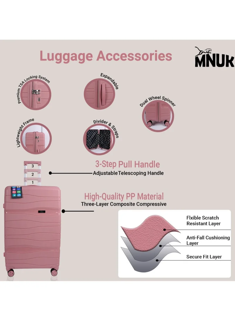 MNUK Viajero Set of 2 Luggage | PP Material Hard-side Smooth and comfortable Luggage Trolley with TSA Lock | Double 360° 4 Wheeler| Cabin, Large| Pink