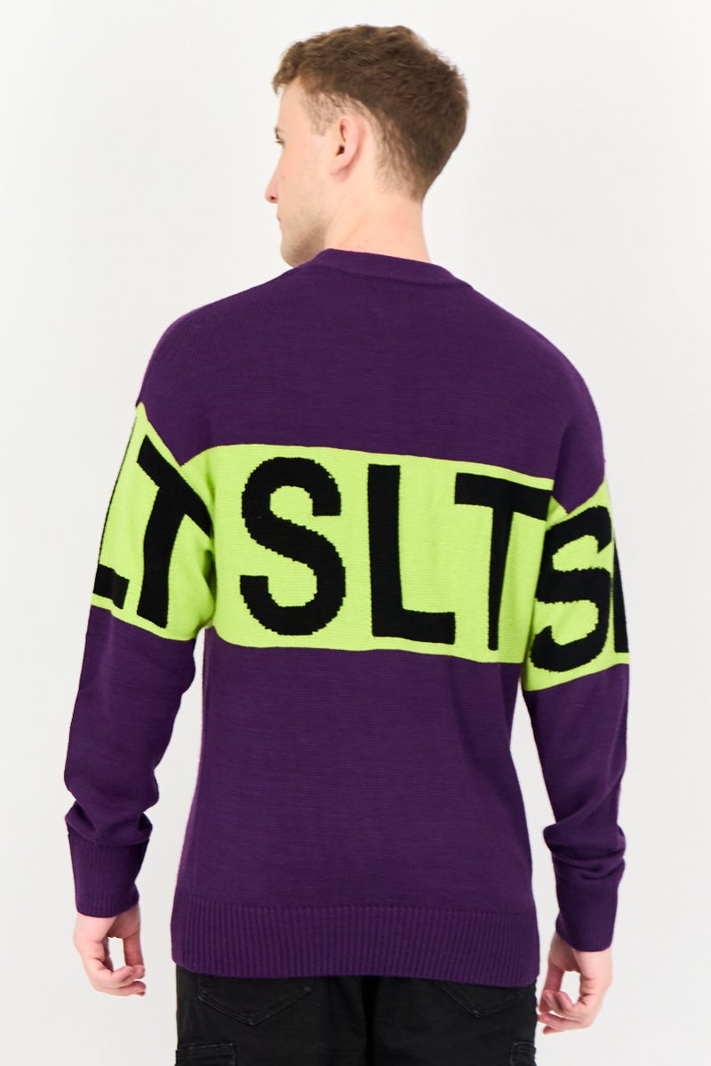 Selected Homme Men Crew Neck Graphic Print Sweater, Purple - Image 3