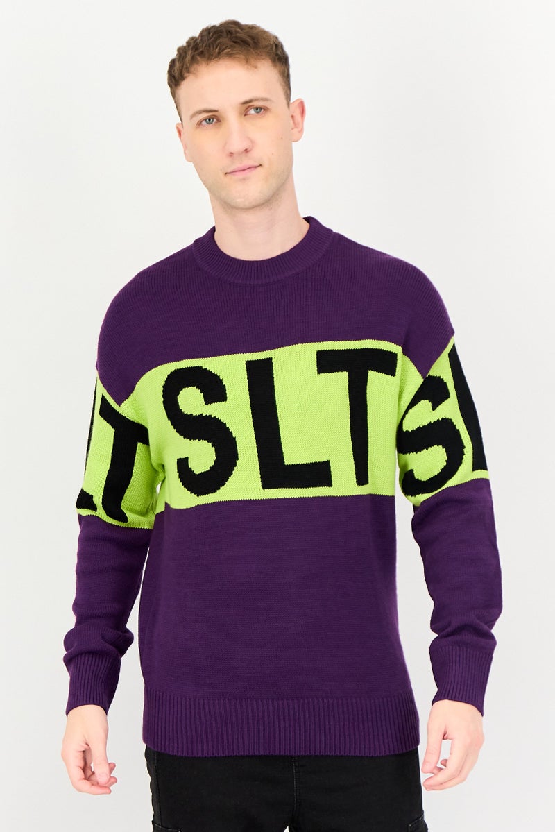 Selected Homme Men Crew Neck Graphic Print Sweater, Purple - Image 1