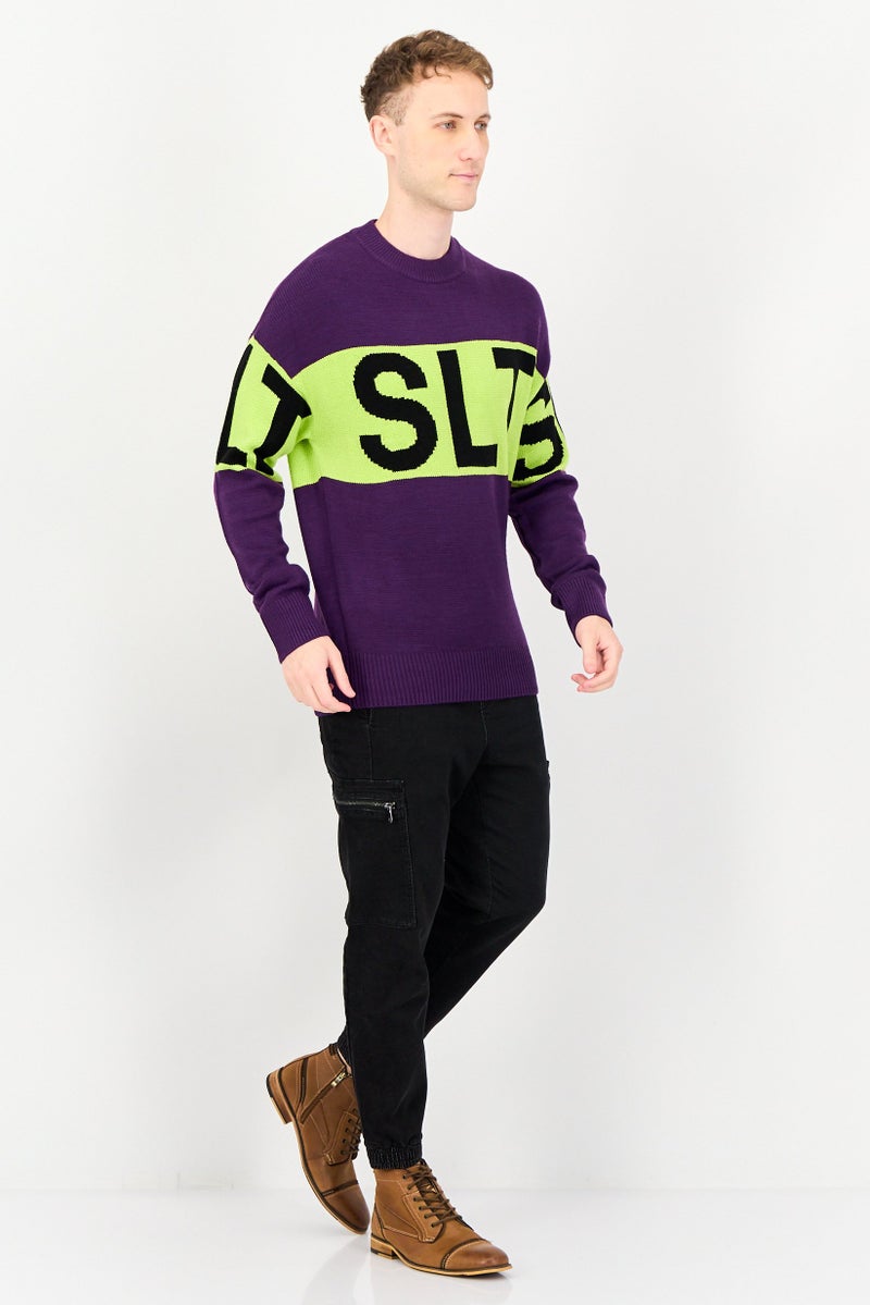 Selected Homme Men Crew Neck Graphic Print Sweater, Purple - Image 4