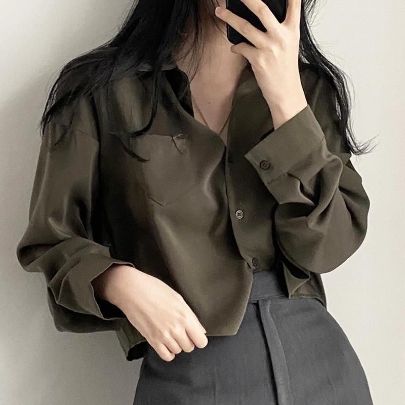 Simple Elegant All-match Polo Collar Single-breasted Loose Casual Solid Color Long-sleeved Short Shirt Top Womens Hong Kong Style Autumn Brown - Image 2