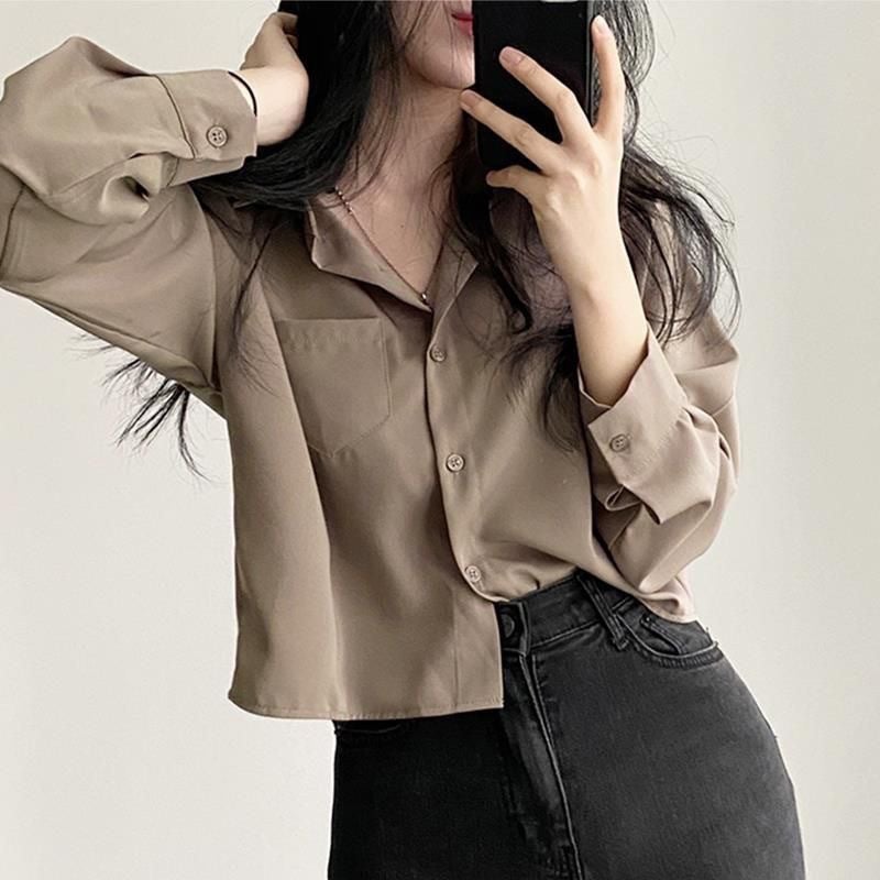 Simple Elegant All-match Polo Collar Single-breasted Loose Casual Solid Color Long-sleeved Short Shirt Top Womens Hong Kong Style Autumn Brown - Image 1