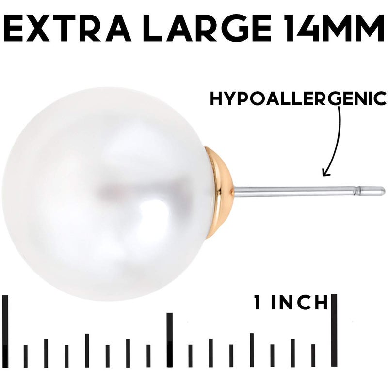 Humble Chic NY Large Pearl Earrings for Women Studs - Big Faux White Pearl Stud Earrings for Women, Oversized 14mm Fake Statement Fashion Jewelry for Brides, Bridesmaids or Prom, Hypoallergenic - Image 3