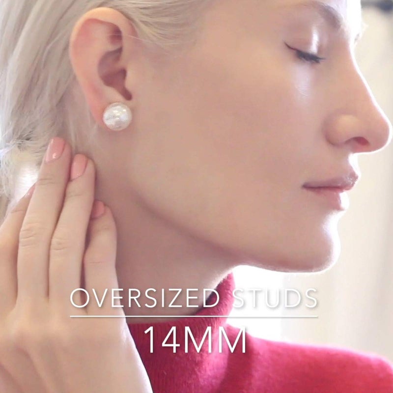Humble Chic NY Large Pearl Earrings for Women Studs - Big Faux White Pearl Stud Earrings for Women, Oversized 14mm Fake Statement Fashion Jewelry for Brides, Bridesmaids or Prom, Hypoallergenic - Image 2
