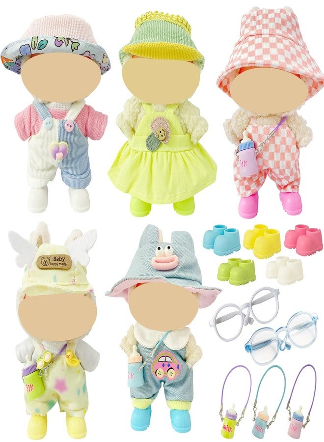 Ezcora Macaron Style Doll Clothes Set for 17cm Dolls, Include 5 Outfits with Hats, Shoes, Glasses and Mini Bags, Cute Dress Up Outfit for Doll Display, (No Dolls) (Macaron Style) - Image 1