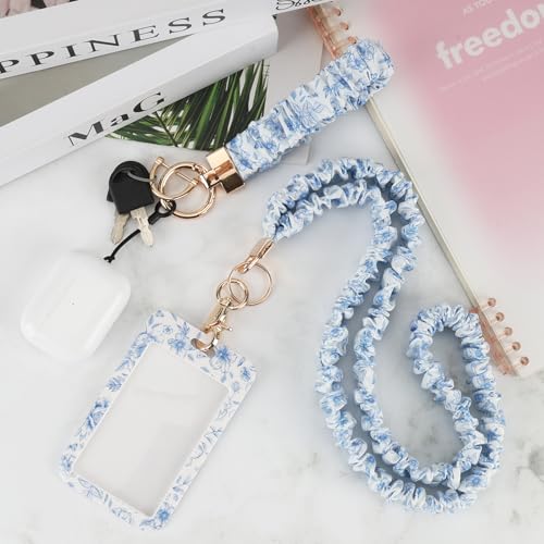 Nlicrst Scrunchie Lanyard Breakaway with ID Badge Holder - Chinoiserie Style Stretchy Lanyards with ID Badges Wristlet Keychain Key Rings Set for Birthday, Nurse Teachers Workers Women Gifts - Image 3