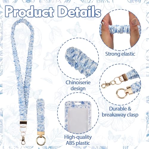 Nlicrst Scrunchie Lanyard Breakaway with ID Badge Holder - Chinoiserie Style Stretchy Lanyards with ID Badges Wristlet Keychain Key Rings Set for Birthday, Nurse Teachers Workers Women Gifts - Image 4