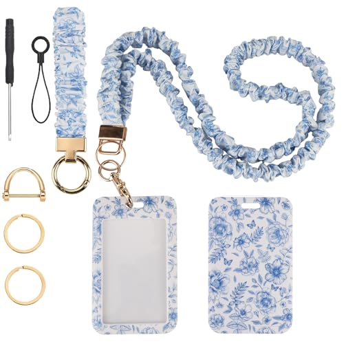 Nlicrst Scrunchie Lanyard Breakaway with ID Badge Holder - Chinoiserie Style Stretchy Lanyards with ID Badges Wristlet Keychain Key Rings Set for Birthday, Nurse Teachers Workers Women Gifts - Image 1